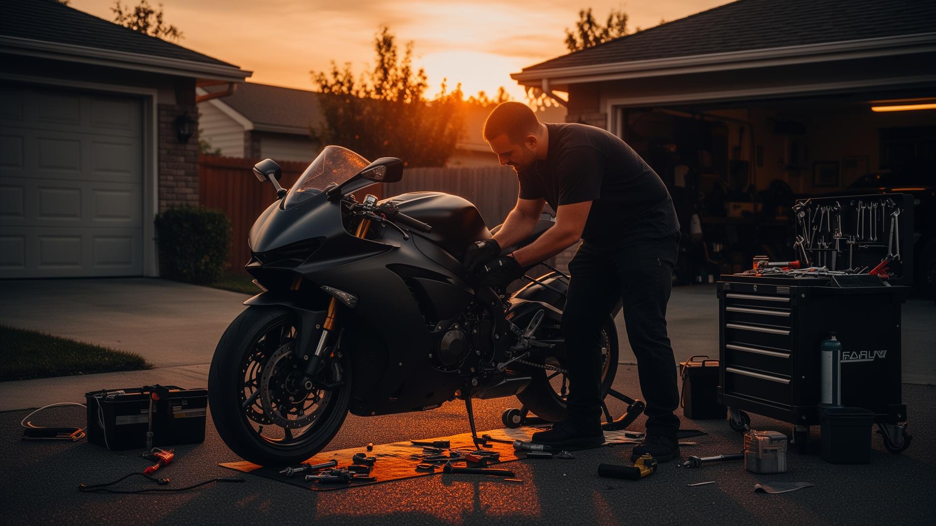 Mobile motorcycle mechanic repairing a sport bike in a driveway at sunset
